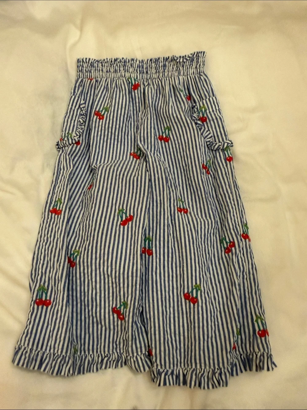 Mini Boden Blue & White Seersucker Striped Cherry Set with Ruffle Detail